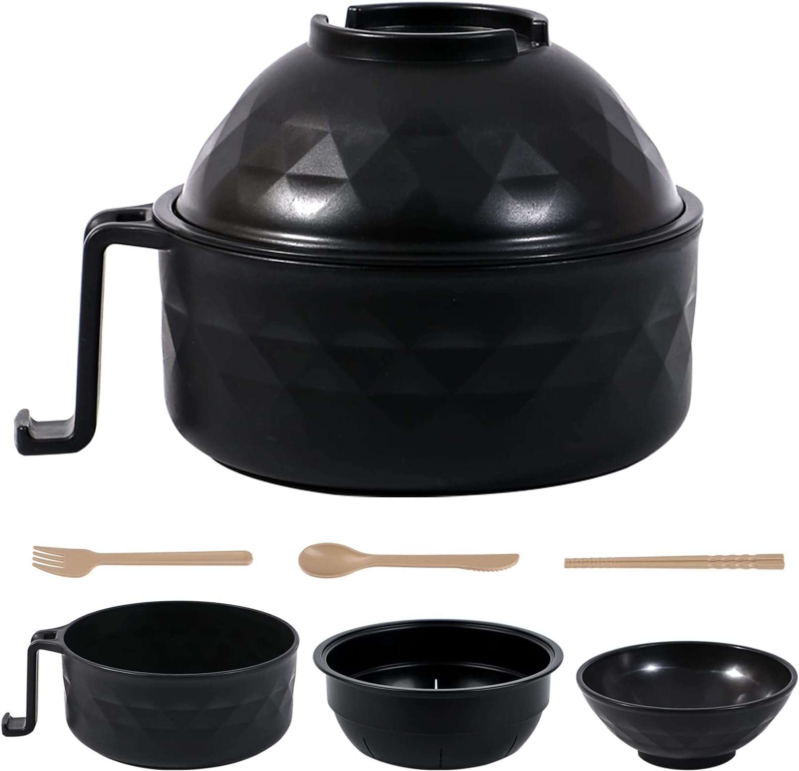 Yiphates 2 Sets Microwave Ramen Cooker Set Ramen Bowl with Lid Spoon Chopsticks Fork Quick Ramen Noodle Cooker With Handles Instant Noodles Bowl for College Dorm Room Essentials for Girls Black