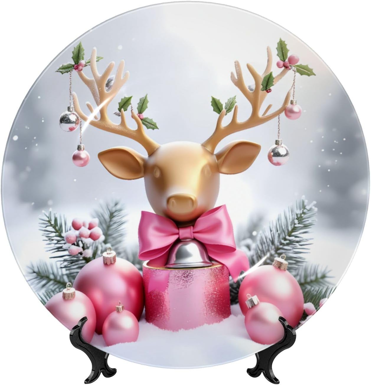 Pink Christmas Reindeer Decorations Style Ceramic Plate Display Decorative Plate With Stand Wall Hanging Plate For Home Decor 10 Inch