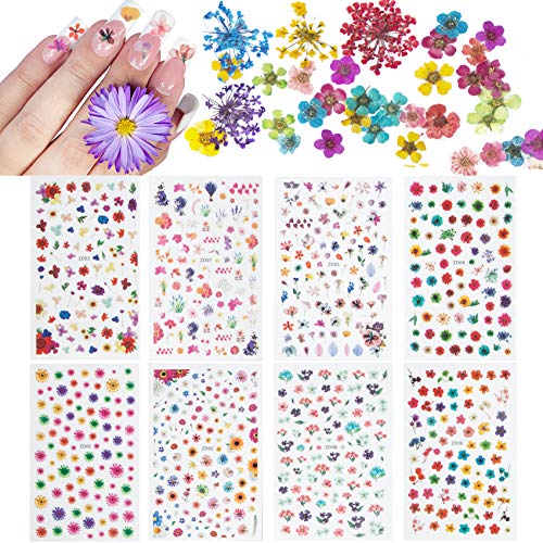 Dried Flowers Nail Art Stickers, 8 Sheets Self-Adhesive Flowers Nail Stickers for Acrylic Nails DIY Flowers Nail Decals for Woman Kids Girls