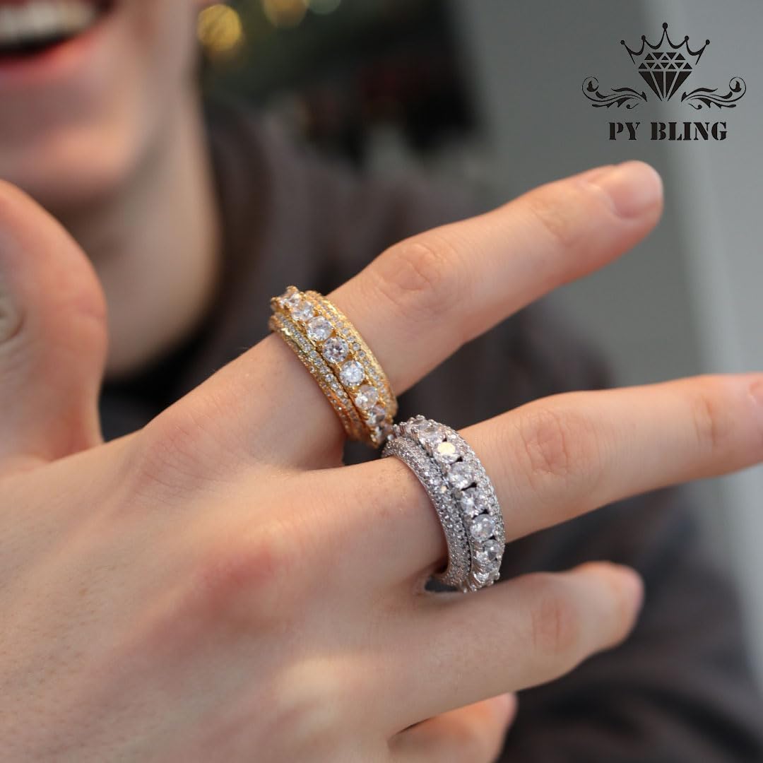 Hip Hop White Golden Plated Iced Out CZ Rotatable Tennis Ring Simulated Diamond Eternity Engagement Wedding Band for Men and Women