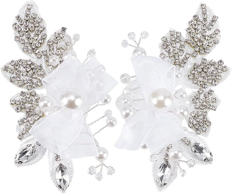 FINGERINSPIRE 1 Pair 4.4x2.5x0.5inch White Pearl Beaded Applique Rhinestone Flower Patch DIY Crafts Wedding Dress Embellishment for Bridal Hair Comb Decoration Black Floral Sew On Decoration