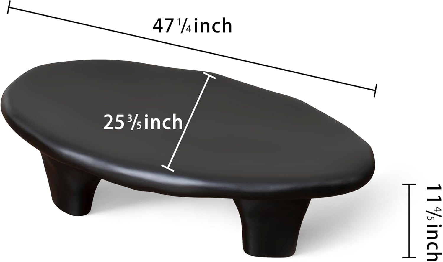 Modern Fiberglass Coffee Table, 47.2" D x 25.6" W x 11.8" H, Three-Leg Base Design, Abstract Free Form Tea Tables for Living Room Home Office Industrial Cocktail Tables, Black