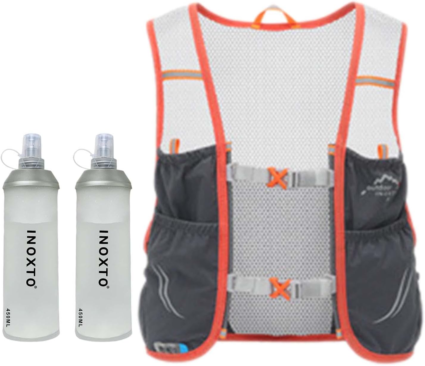pistro Hydration Running Vest with 2 Bladders Lightweight Breathable Mesh Backpack for Trail Running Cycling Outdoor Sports- Dark Grey Orange Large