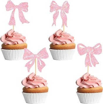 36Pcs Bow Cupcake Toppers Bow Tie Glitter Pink Cake Toppers Decoration for Bowknot Theme Party Girls Birthday Party Baby Shower Supplies