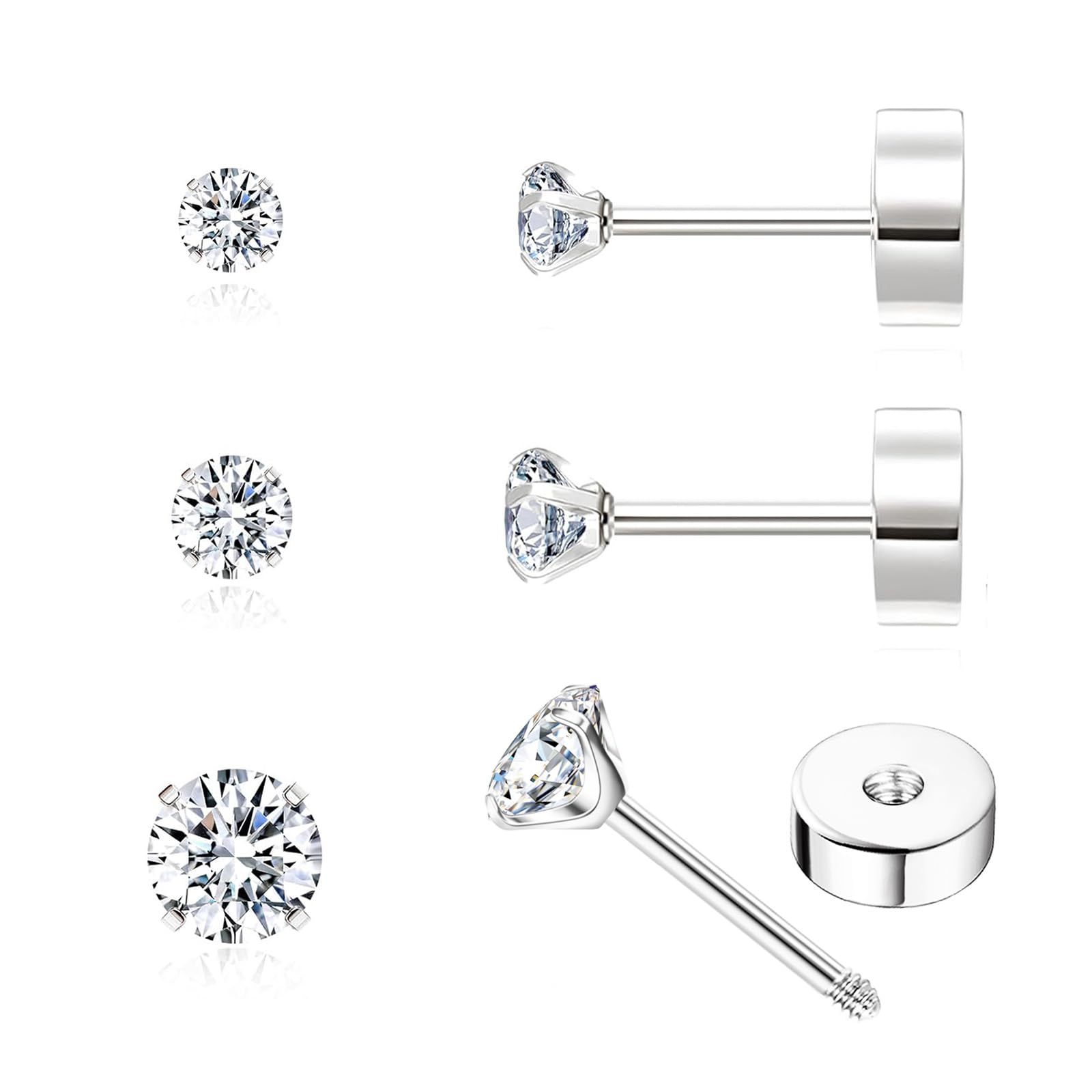 STJARNA 3 Paar Ohrstecker mit Flachem Schraubverschluss Chirurgenstahl Gold Silber 2mm 3mm 4mm Kugel Ohrringe Damen Herren Schmuck