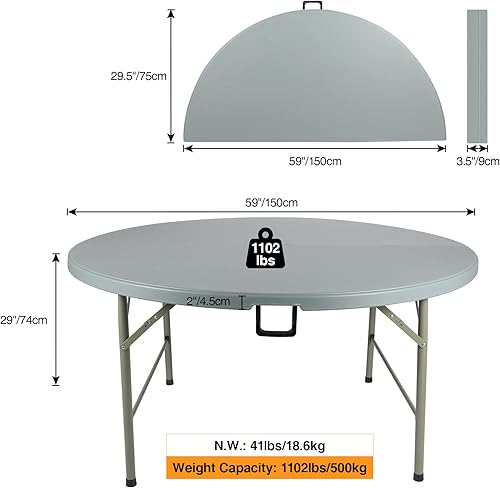 Miniatura 3 de REDCAMP Mesa plegable redonda, mesa de plástico biplegable de 5 pies con asa para fiestas de eventos en interiores y exteriores, color gris