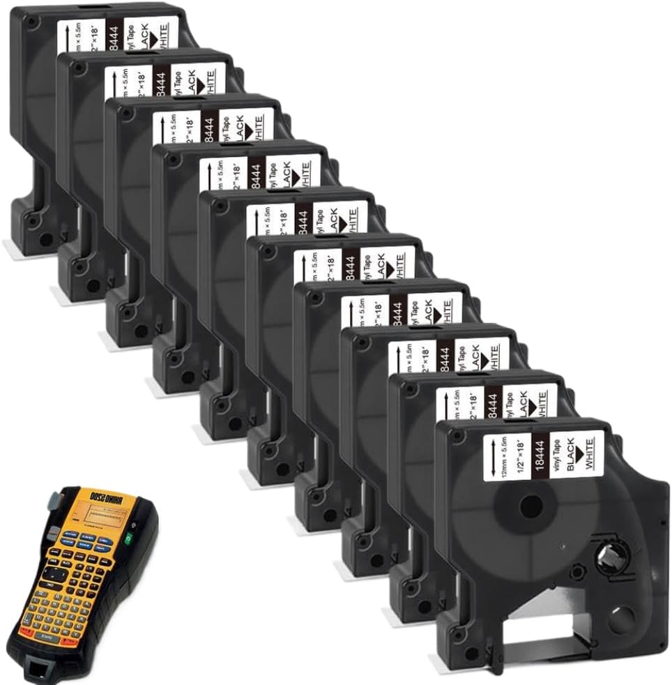 10 Pack 12mm Industrial Label Tape 18444 Black On White Compatible with 1000 3000 4200 5200 Maker