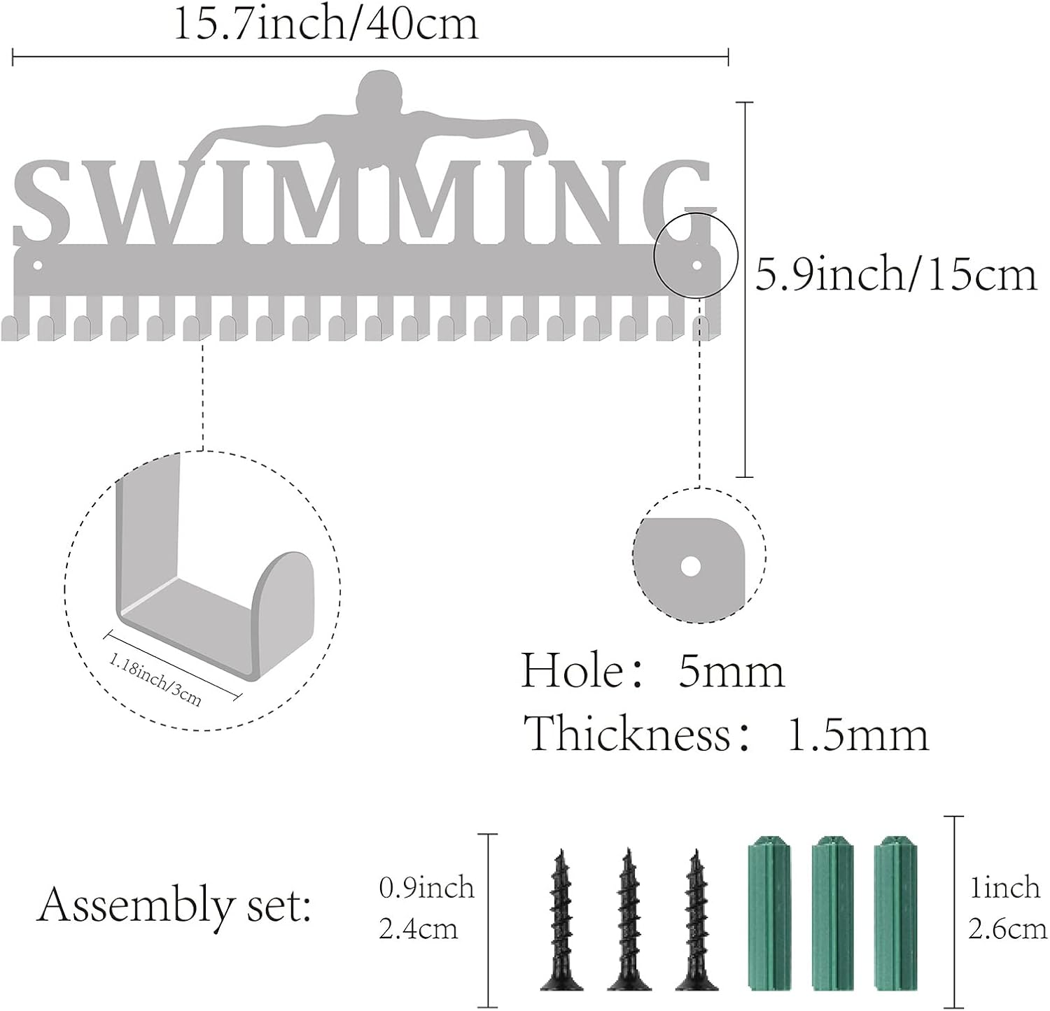 CREATCABIN Swimming Medal Holder Swimmer Medals Hanger Sport Athlete Awards Display Stand Wall Rack Mount Decor Stainless Steel Metal Hanging for Home Badge 20 Hooks Medalist Over 60 Medals, Silver