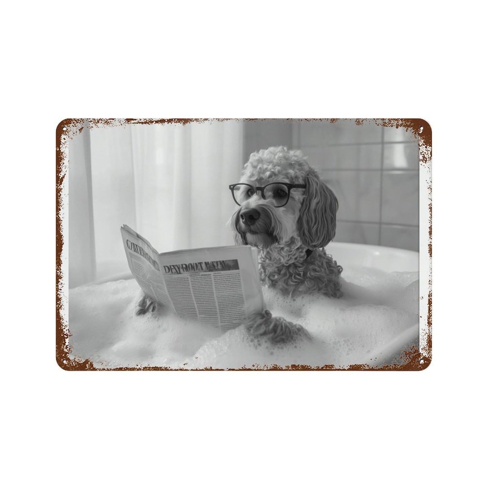 xiaoxiaoshen Labradoodle in Bathtub Dog Reading Newspaper, Funny Bathroom Decor Wall Decor Art Metal Tin Poster Modern Home Decor Art Home Bar Shop Decorations Vintage Sign 20x30cm