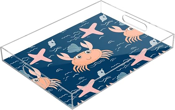 Pastel Crabs Serving Tray, Decorative Ottoman Trays with Handles for Breakfast, Coffee Table, Dining Room, Party - 16" x 12"