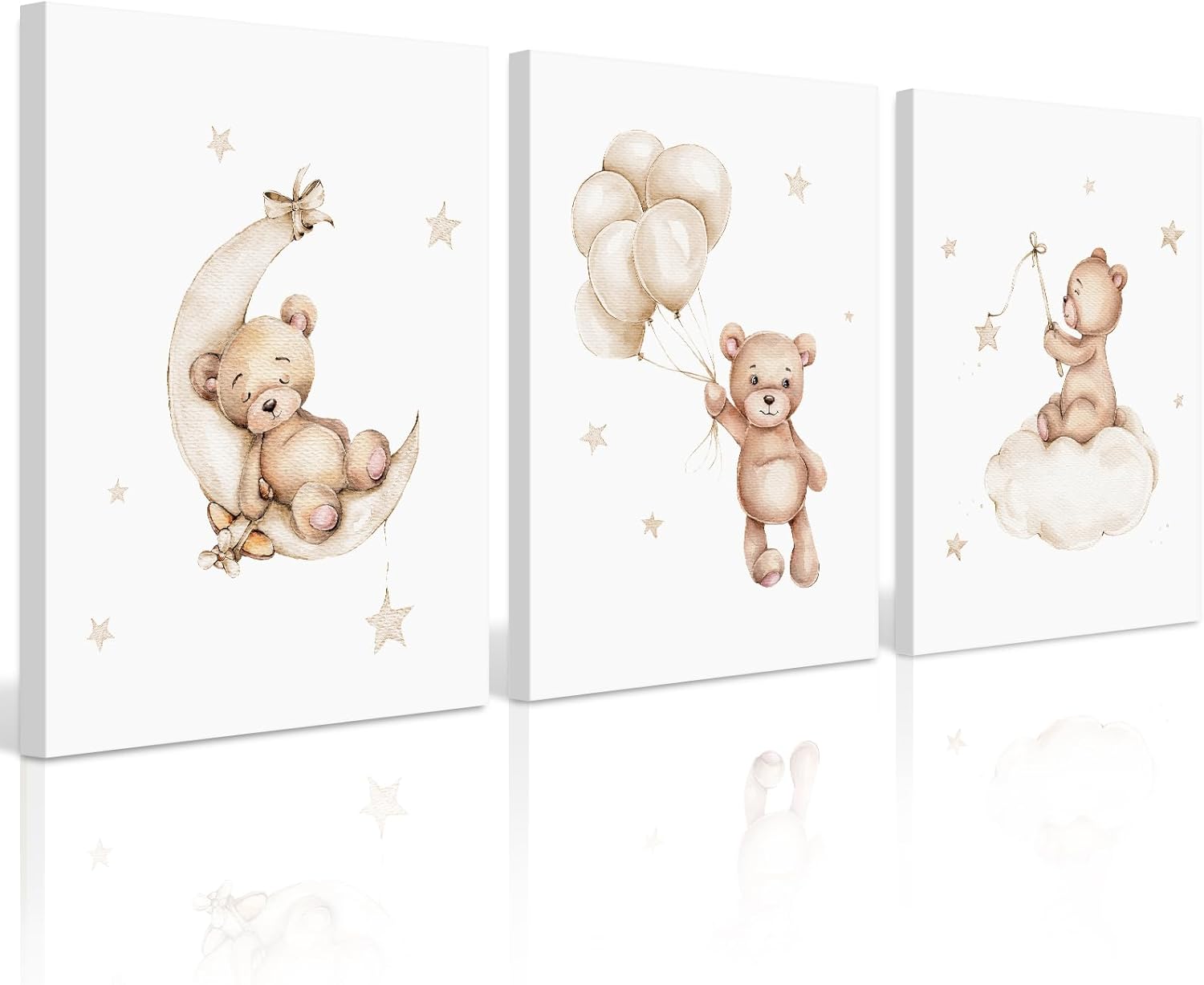 Baccone Bear Nursery Wall Art Decor Set of 3 Teddy Bear Canvas Wall Art Baby Boy Nursery Decor Prints Neutral Pictures Moon Star Cloud Print for Girls Children Room 12x16 Inch Wood Framed