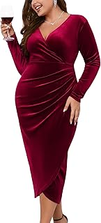 Plus Size Velvet Wrap Dress Ruched Bodycon Dress Long Sleeves Ruffle Lon...