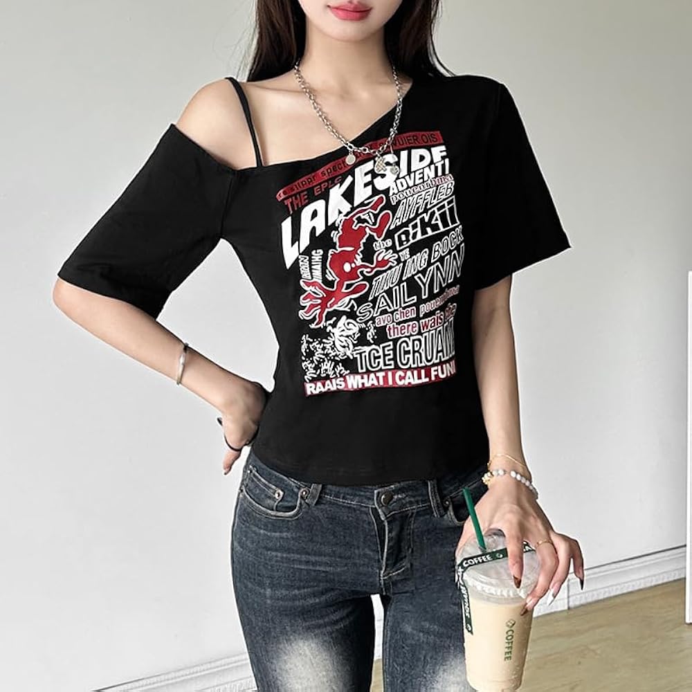 Y2k Clothes Women's Off Shoulder Graphic Tees - Vintage Y2K