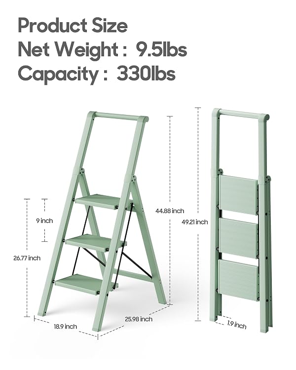 HillhutApex 3 Step Foldable Aluminum Step Ladder with Handgrip, Anti-Slip Pedal, 330 lbs Capacity, Lightweight & Portable for Home, Kitchen, Office, Garage (Pale Green) by HillhutApex - Image 2