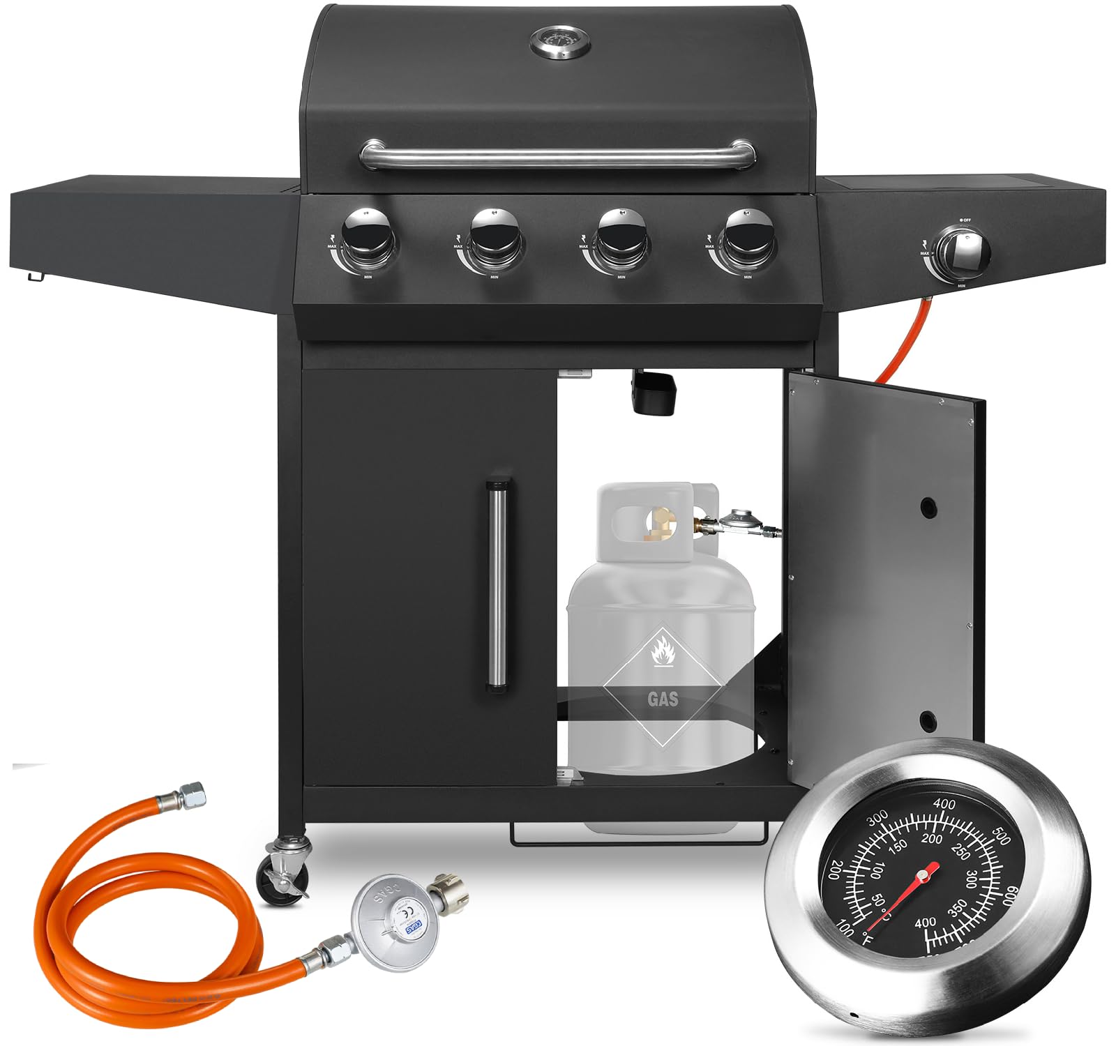 LIFERUN Gasgrill 4+1 Edelstahl Brenner,15 kw Gas Grillwagen BBQ mit Seitenkochfeld,Gasgriller mit Thermometer,4 PCS Bremse Rollen,DE I3B/P(50) Gasdruckregler,Standgrill Camping Garten(Butan/Propan)