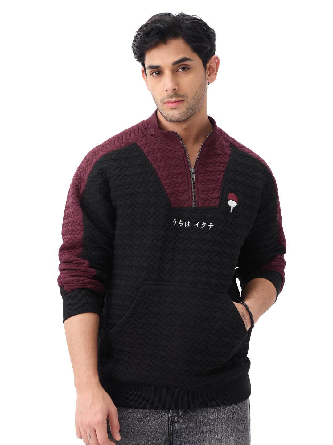 The Souled Store Naruto Shippuden: Shadows of The Uchiha Men and Boys Long Sleeve Mock Neck Black and Maroon Quilted Colour-Block Cotton Blend Oversized Sweatshirt-picture-42