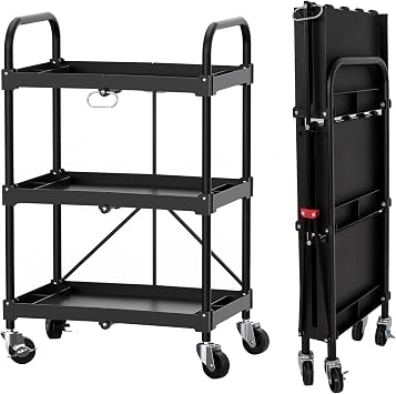 LEADALLWAY Collapsible Service Cart, Folding Utility Cart with Wheels for Kitchen, Garage, Home, Office, Warehouse