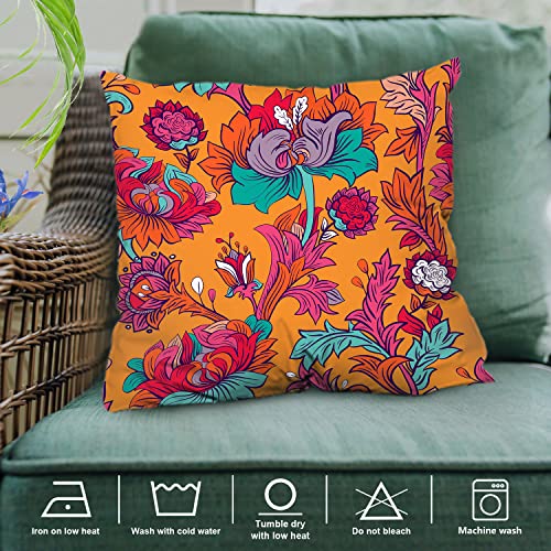 Shrahala Colorful Orange Flower Decorative Throw Pillow Cover, Black Ethnic Floral Indian Multicolored Square Pillowcase Blended Double-Sided No Inserts For Bedroom Living Room Set Of 2 (18 X 18 In) #TOP1