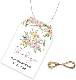 50pcs Baptism Thank You Tags, God Blessed Gift Tag with String for First Communion Party, Baptism Thank You Paper Tags for Christening/Mi Bautizo Party Favors