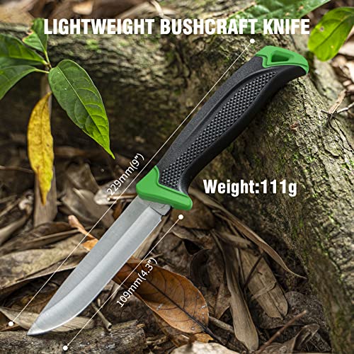 Jellas Bushcraft Knife, 8Cr Fixed Blade Knife With Sheath, 9 Inch Outdoor Knife With Stainless Steel Blade, Non-Slip Large Handle, Safety Sheath With Belt Clip (Green) #TOP1