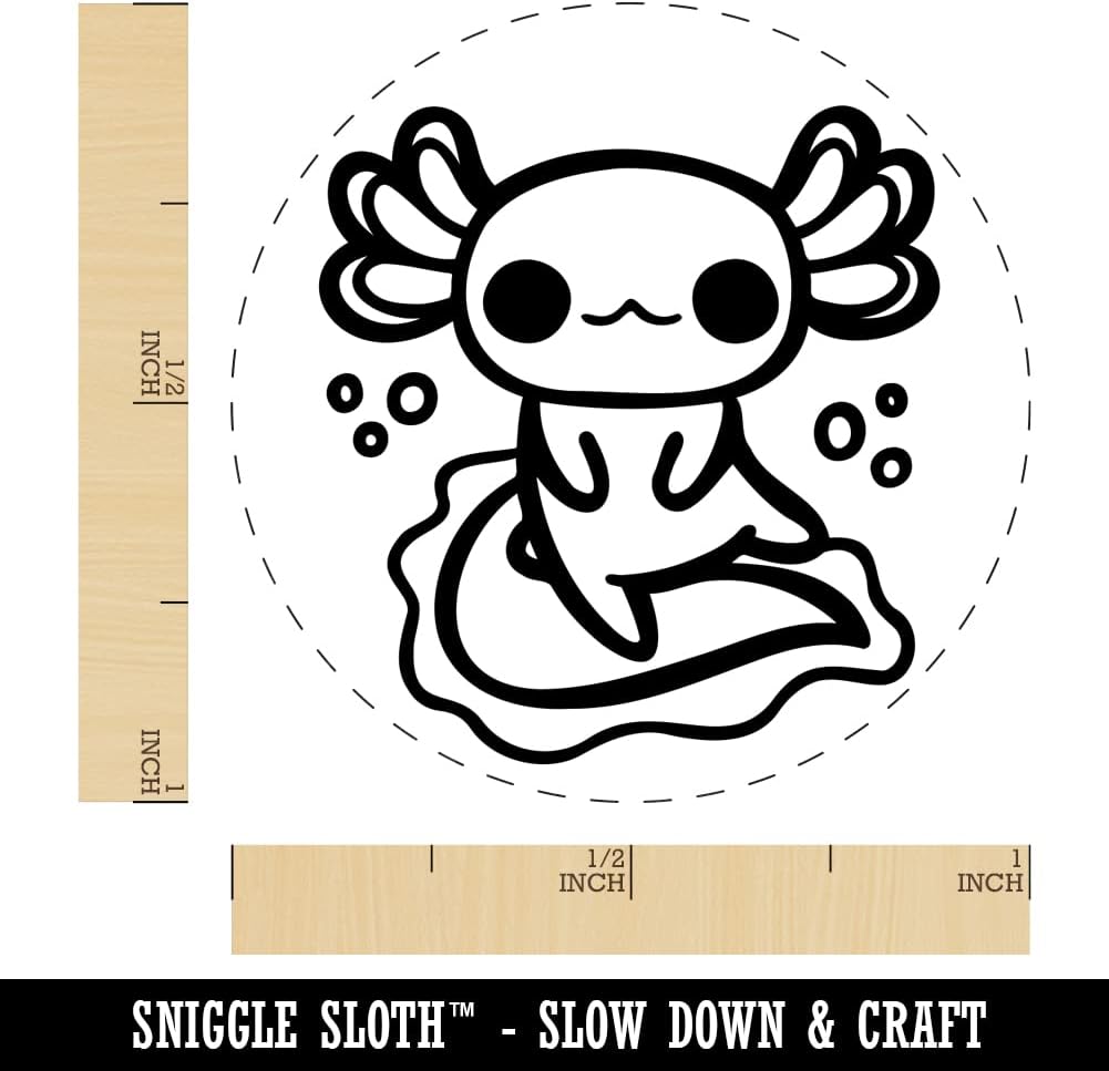 Delightful Kawaii Chibi Axolotl Self-Inking Rubber Stamp Ink Stamper for Stamping Crafting Planners - 1-1/2 Inch Large - Red Ink