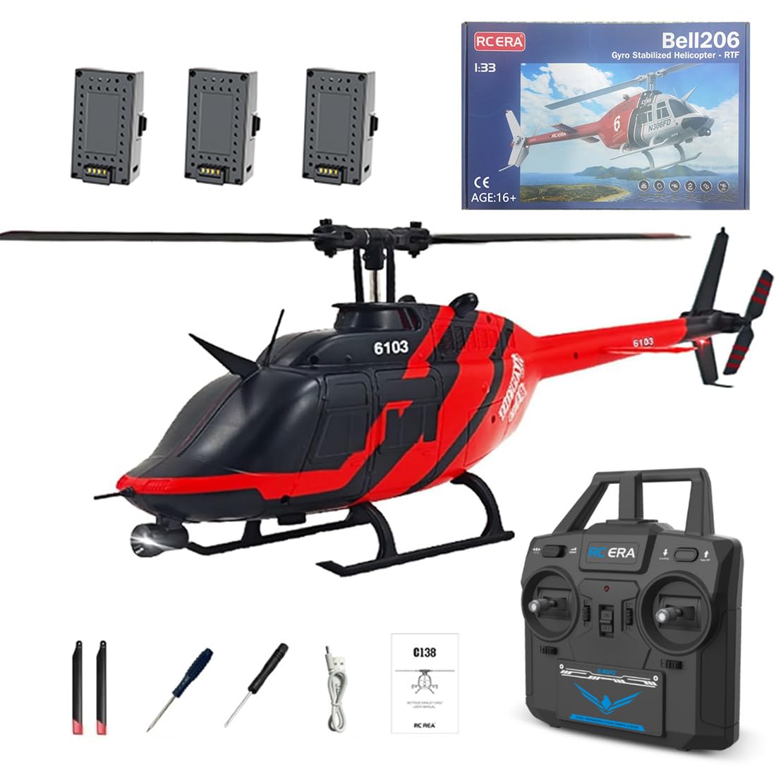 RC ERA C138 RC helikopter, skala 1:30, 6-kanałowy helikopter RC Flybarless z utrzymaniem wysokości i przepływem optycznym, zdalnie sterowany samolot 2,4 G z lotem 3D dla dorosłych - 3 baterie