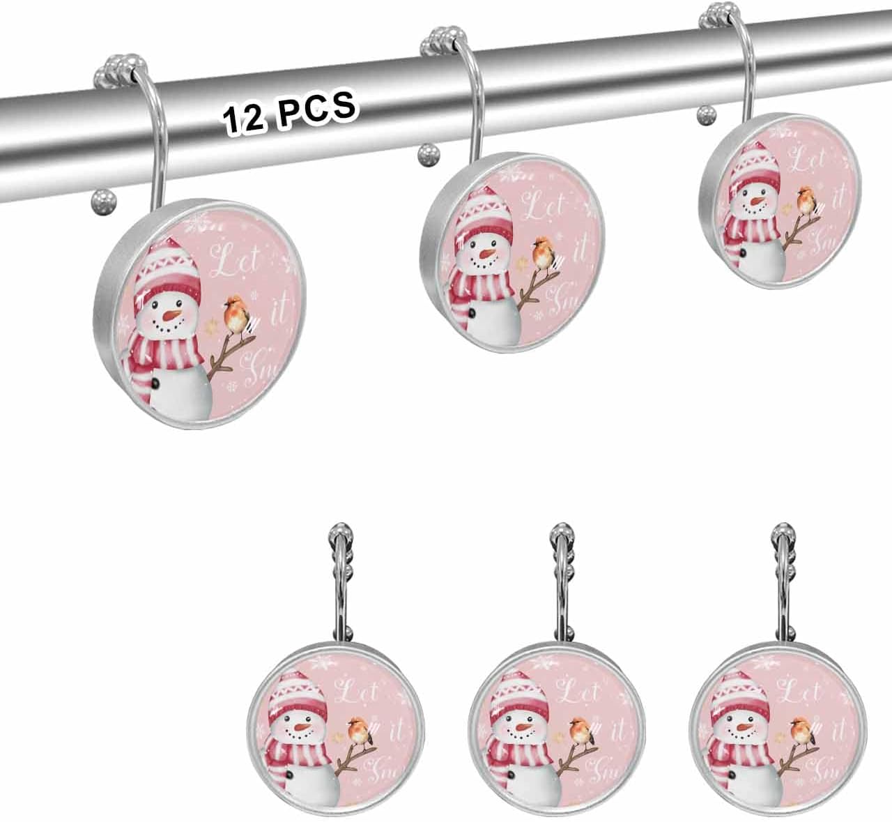 Shower Curtain Hooks 12 Pcs Christmas Snowman White Gold Snowflake Branch Bird Pink Stainless Steel Rust Proof Rolling Shower Curtain Rings, Decorative Shower Curtain Hooks Hangers for Bathroom