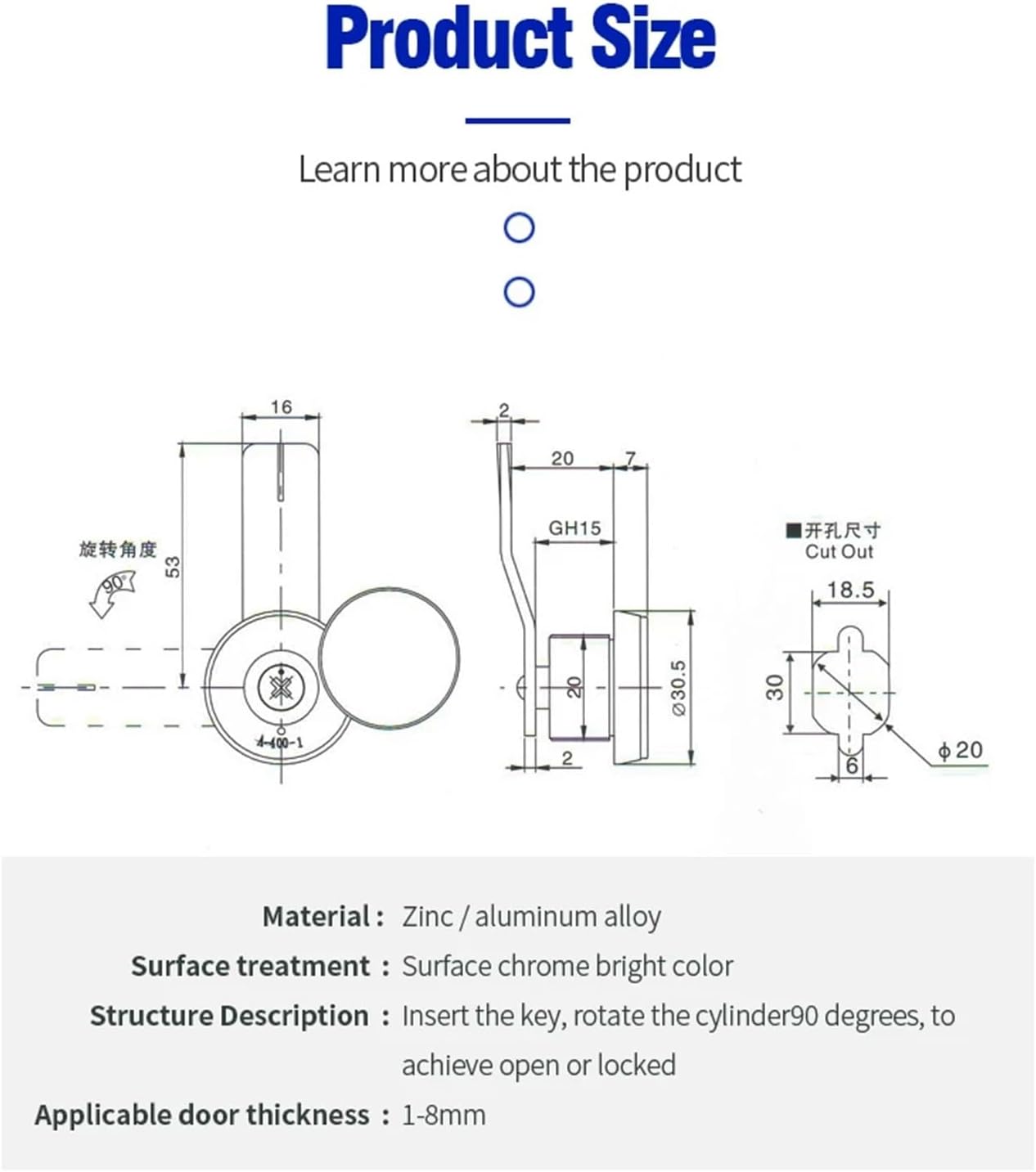 with Cover A400-1 Electric Cabinet Box Turn Tongue Lock File Round Switch Door 1Pcs