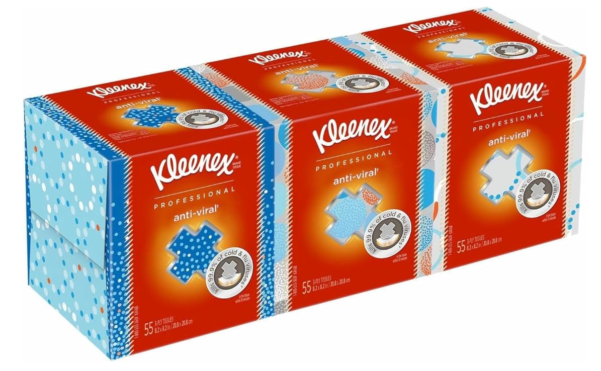 Kleenex Professional Anti-Viral Facial Tissue, Bulk (21286), 3-Ply, White, Upright Cube Boxed Format, Designed for Business (55 Tissues/Box, 3 Boxes)