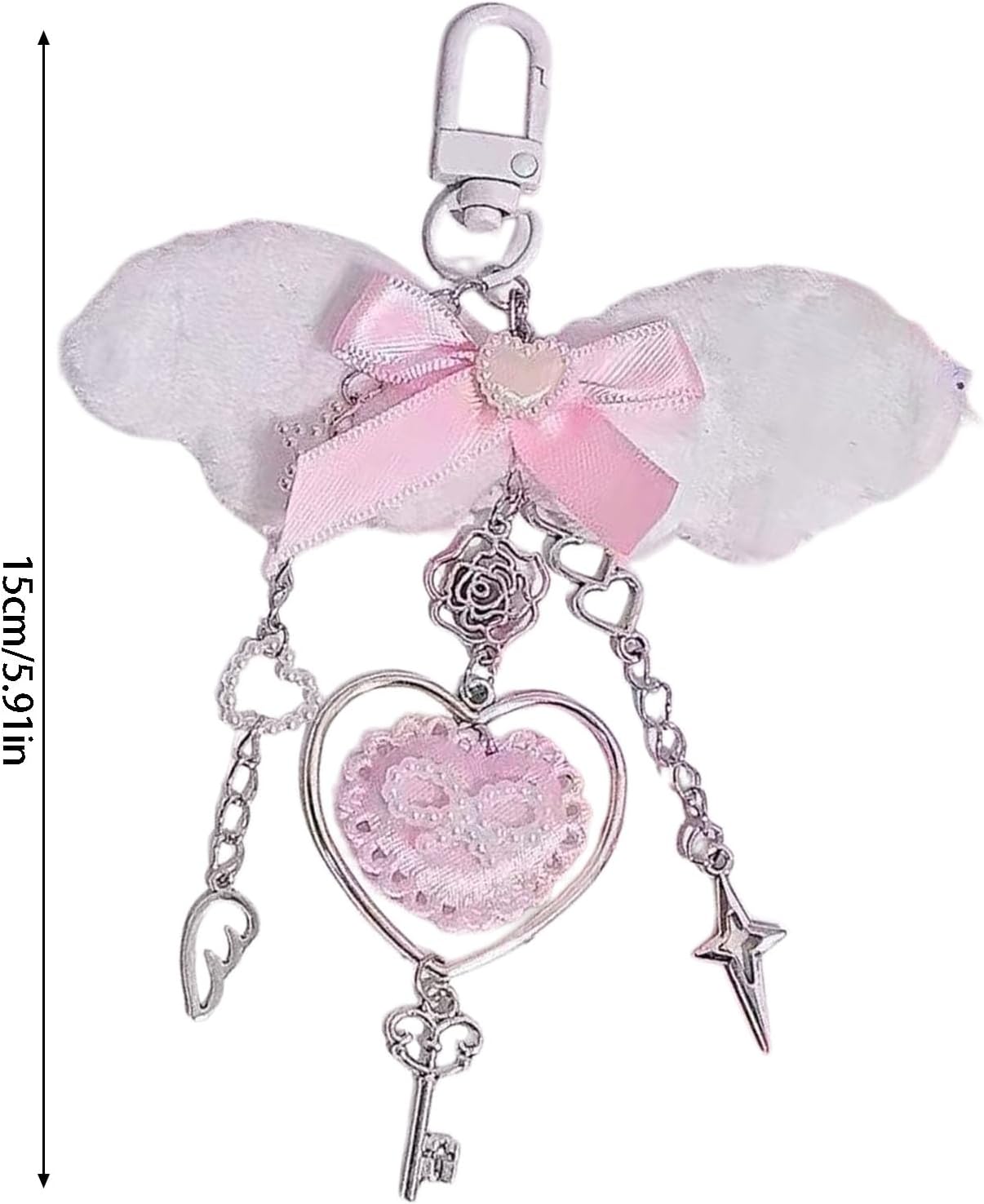 Romance Heart with White Chain Fashion Jewelry Lightweight Lovely Keyring for Women Girls White Winged Heart Keychain image 3