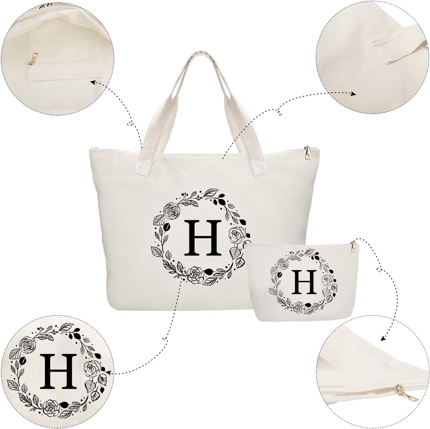 Initial Canvas Tote Bag with Zipper, Inner Pocket & Makeup Bag image 4