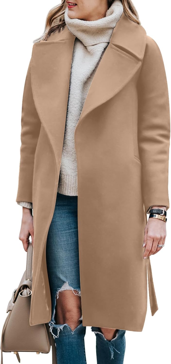 BZB Women's Trench Coat Long Wool Blend Pea Coat Winter Casual Overcoat Notched Lapel Collar Belted Long Jacket Outerwear