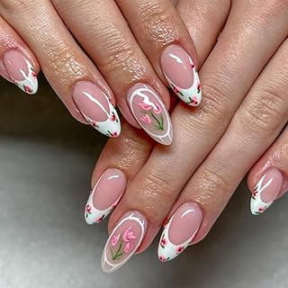 Flower French Tip Press on Nails Medium Almond Fake Nails Spring Summer Nails Press ons with Tulip Floral Design,Reusable & Easy Apply Full Cover Stick on Nails for Women Manicure 24Pcs