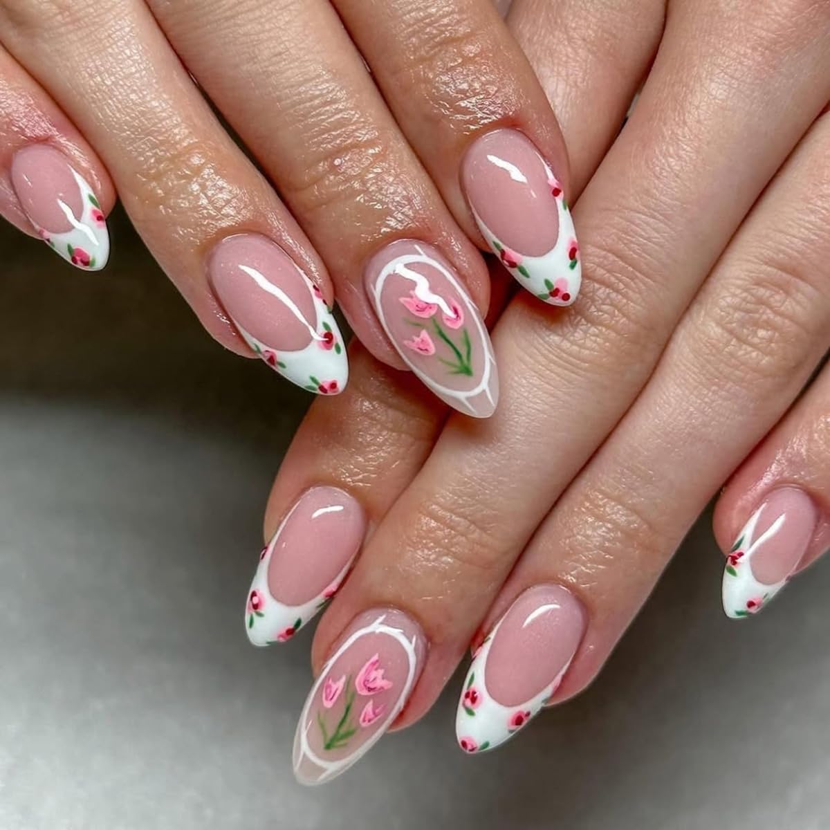 Flower French Tip Press on Nails - Tulip Floral Design