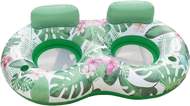 Double Pool Floats and 2 Person Lilo Inflatables, Twin PVC Tropical Sun Lounger with Headrests and Cooling Mesh Centre, Water Tanning Bed for Garden Swimming Holiday Relaxation