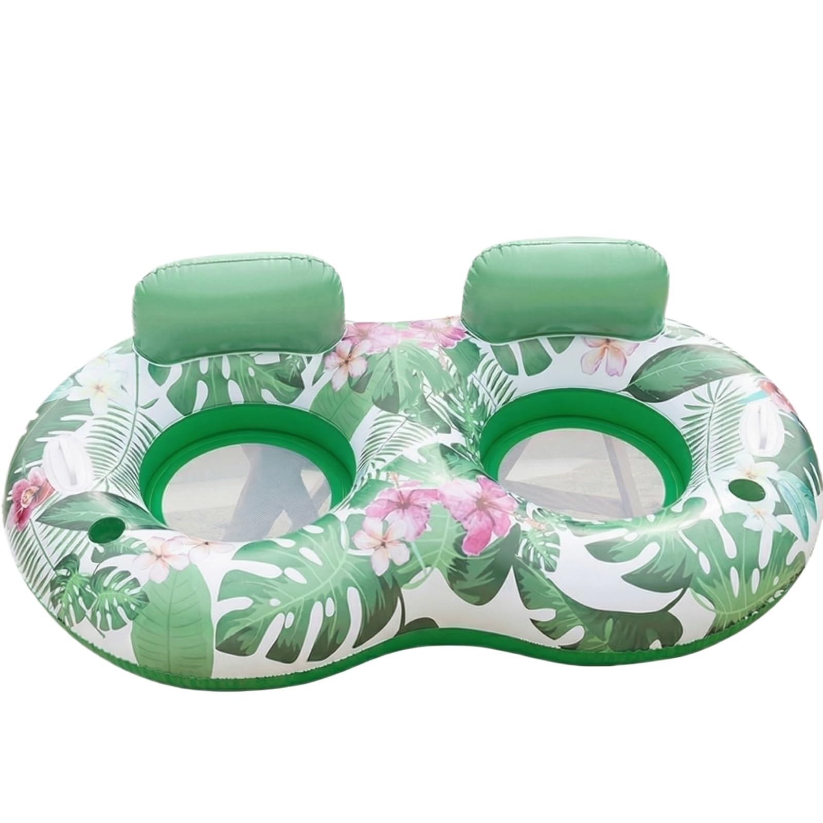 Double Pool Floats and 2 Person Lilo Inflatables, Twin PVC Tropical Sun Lounger with Headrests and Cooling Mesh Centre, Water Tanning Bed for Garden Swimming Holiday Relaxation (Green)