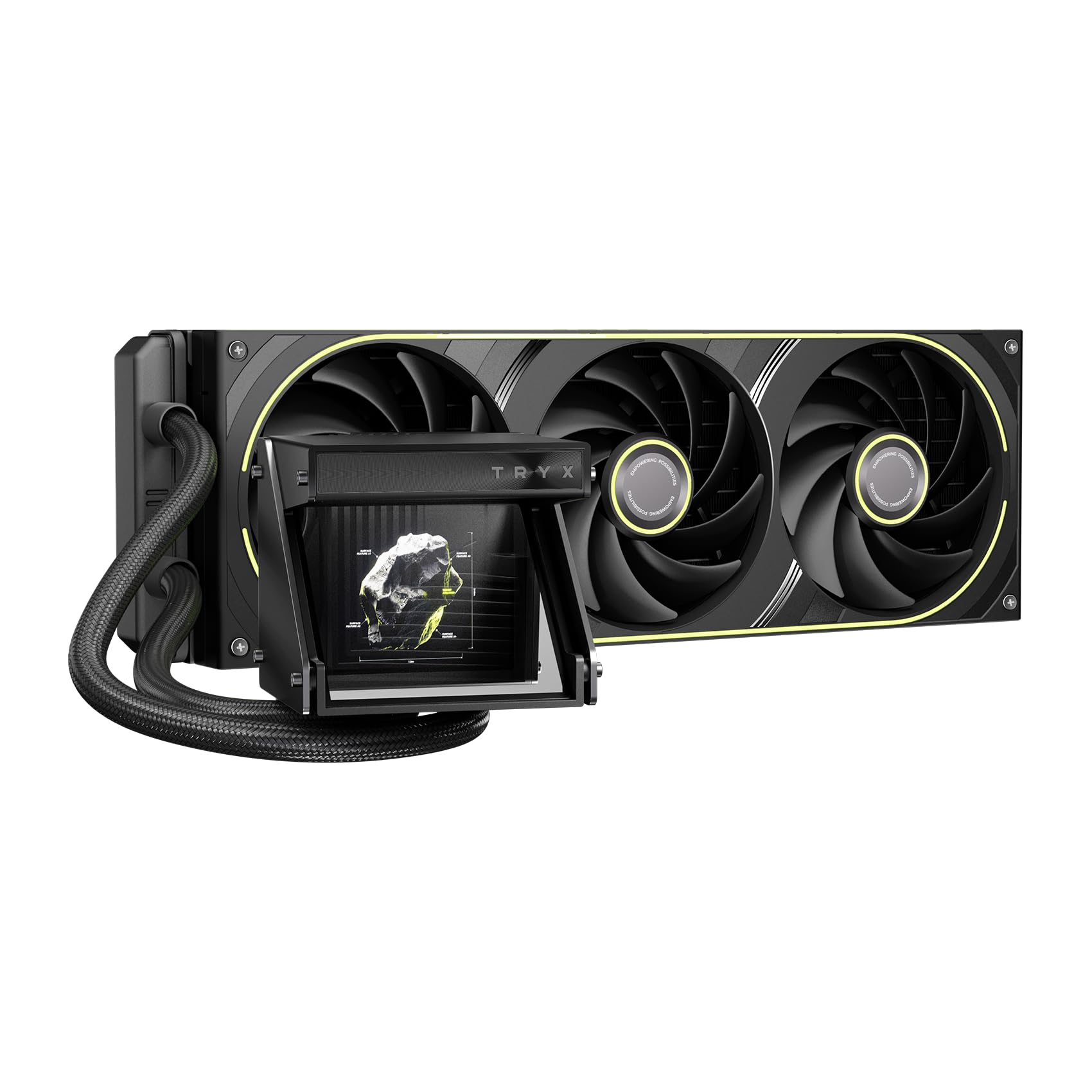 TRYX Holo 360mm AIO Holographic Visual GIPHY Built-in Asetek 280w TDP | Asetek 7th Gen V2, FOBR Unibody Fan, Adjustable Water Block, Embedded Al Interface, Aluminum, Intel LGA 1851/1700 AMD AM5/AM4