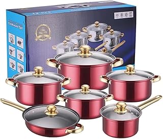 12 Piece Nonstick Cookware Set Red Stainless Steel Pots and Pans Kitchen Set Frying Pan Saucepan Stockpot Durable Non Stick Cooking Set Even Heat Easy Clean