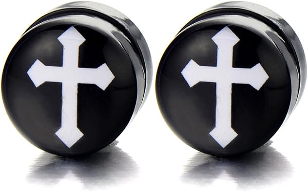 10MM Magnetic Black Circle Cross Stud Earrings for Men Women, Non-Piercing Clip On Fake Ear Plugs Gauges