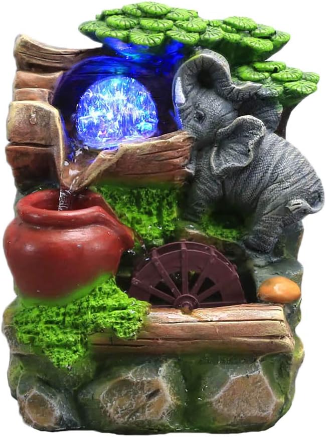Tabletop Fountain Indoor Small Rockery Desktop Mountain Cascading Waterfalls with Rolling Ball Waterwheel for Gift and Decoration