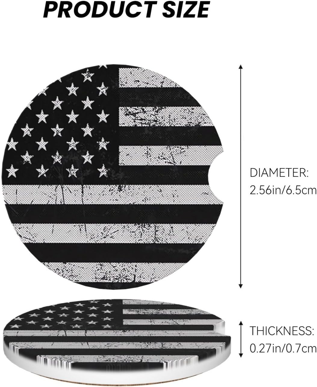 Black White American Flag Absorbent Ceramic Car Coasters for Cup Holders, 2.56" Anti Slip Insert Cup Coasters for Women Men (2 PCS)