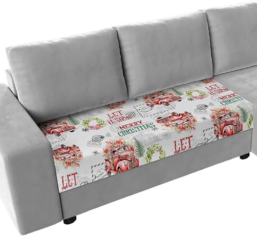 Miniatura 8 de Red Truck Christmas Couch Cushion Covers, Stretch Sofa Cover with Elastic Bottom, Xmas Tree Botanical Wreath Retro Sofa Slipcovers Protector