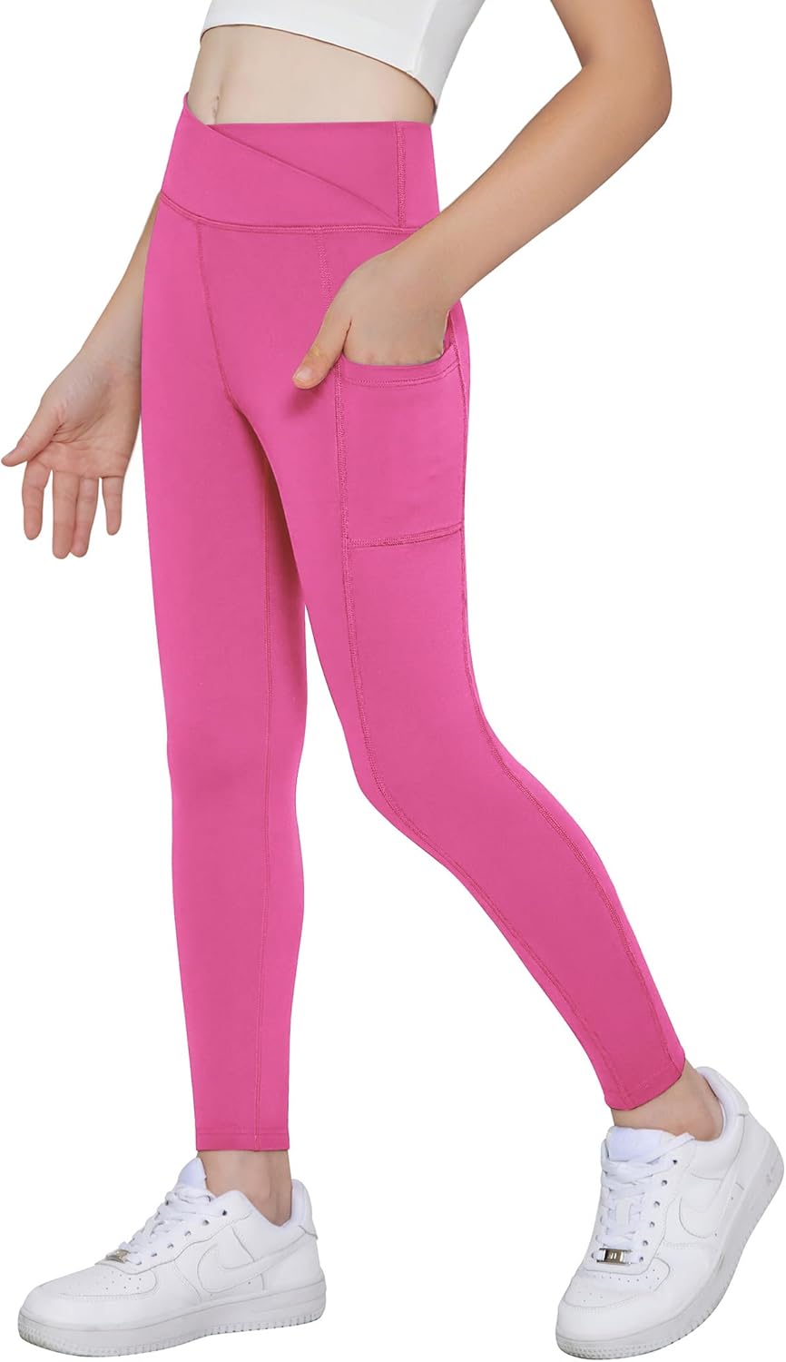 Arshiner Girls Athletic Leggings with Pockets Kids Crossover High Waisted Dance Workout Running Yoga Pants