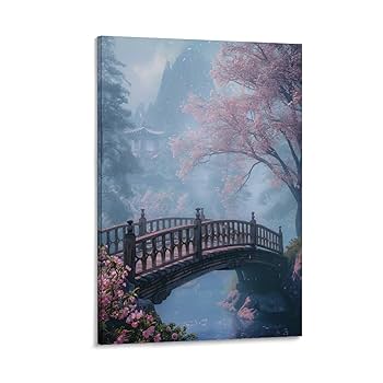 Amazon.co.jp: 絵画 山橋の横に桜が咲きましたインテリア 絵画