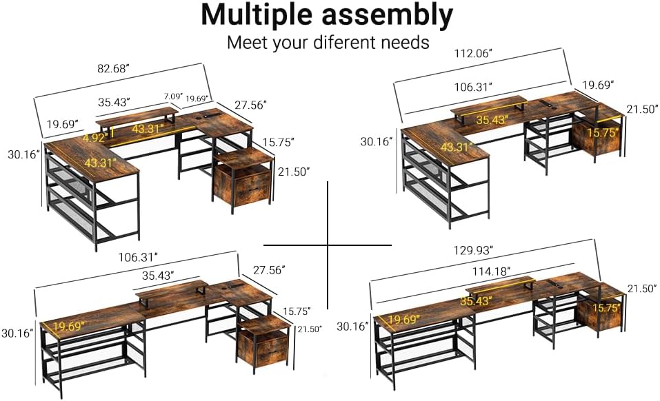 Miniatura 3 de WASAGUN Escritorio en forma de U con cajón de archivos, escritorio en forma de U de 82.6 pulgadas, escritorio para computadora con toma de