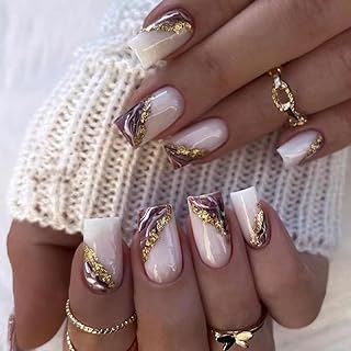 Square Press on Nails Medium Fake Nails French False Nails with Marble Designs Glue on Nails Full Cover Gold Foil Stick on Nails Glitter Glossy Acrylic Nails Artificial Nails for Women Manicure 24Pcs