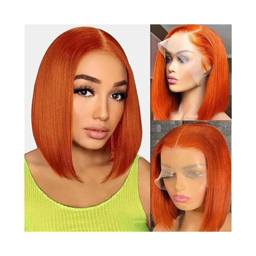 Peluca corta con encaje frontal transparente y cabello humano natural lacio color jengibre