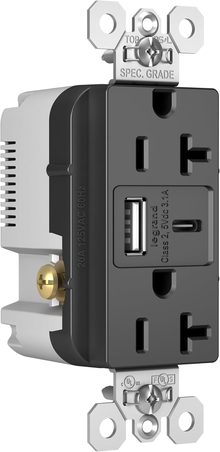 Legrand Pass & Seymour Radiant 15 Amp Wall Power Outlet with 2.0 Amp Ultra-Fast USB A/C Charger, Black
