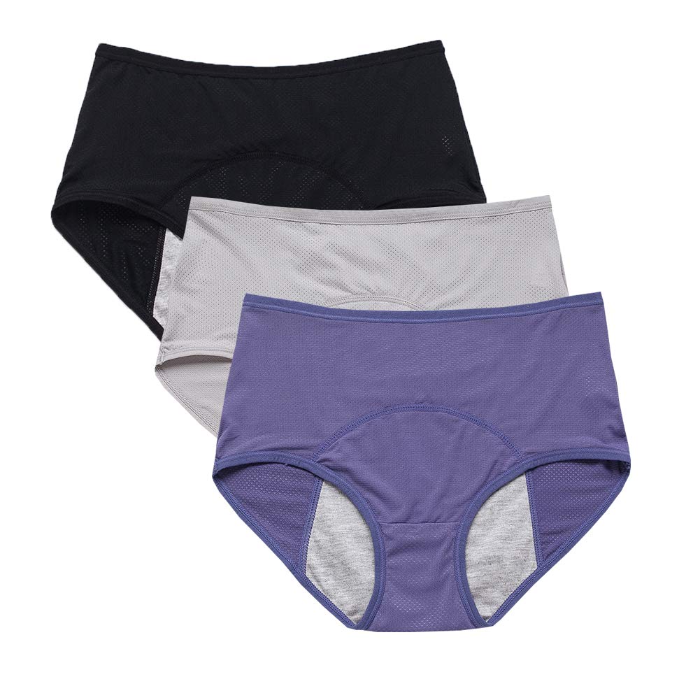 YOYI FASHION Mesh Holes Breathable Leakproof Period Panties 3 Pack Size 10, Blue,Black,Gray