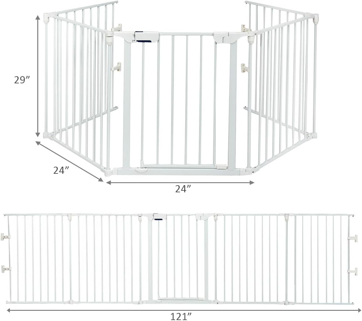 PETSITE 121" Extra Wide Pet Gate & Playpen, Folding Dog Fence with Walk-Through Door for House, Stairs, Fireplace, White